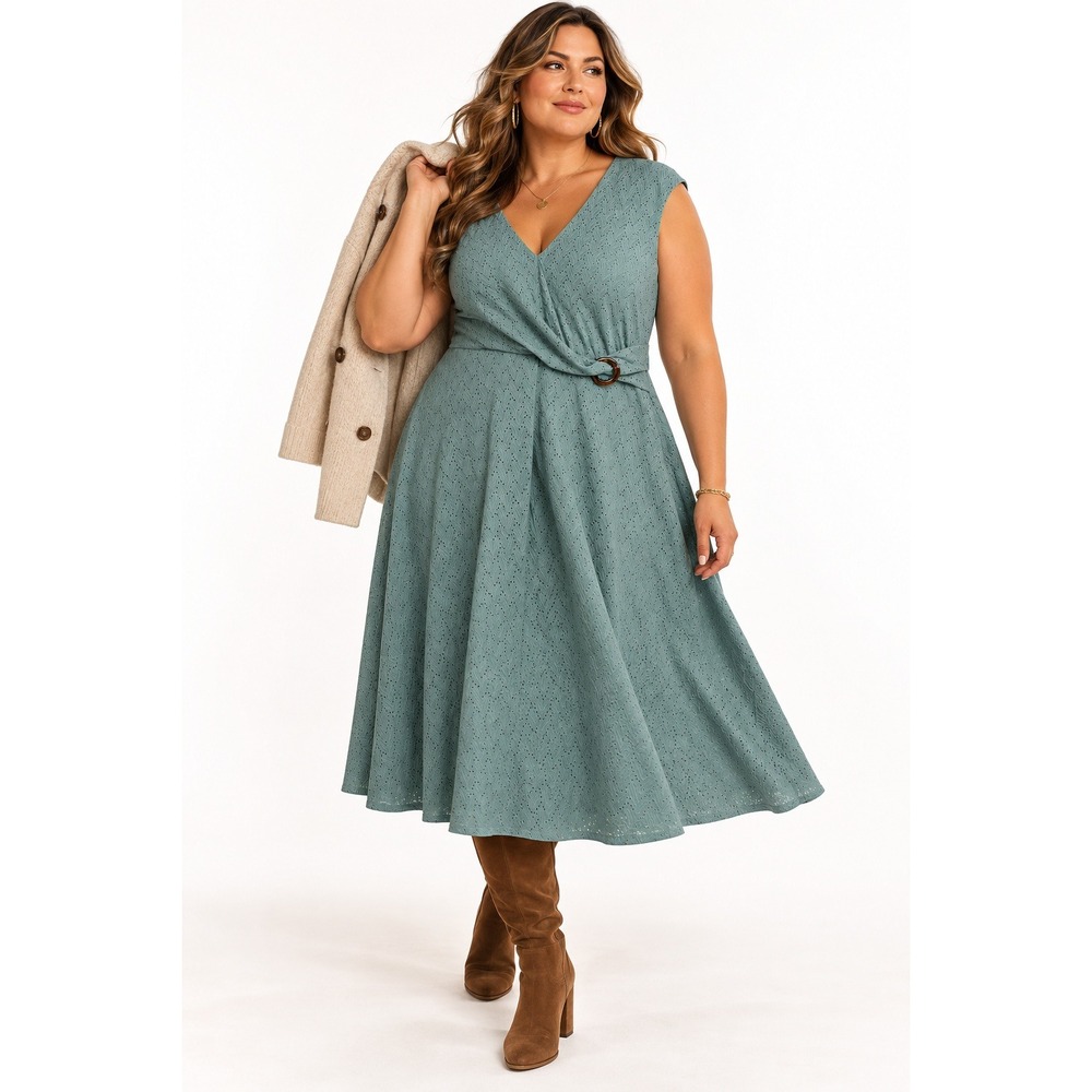 Maggy London Woman Jianna V-Neck Dress Blue Eyelet Twist Waist 14W NWT